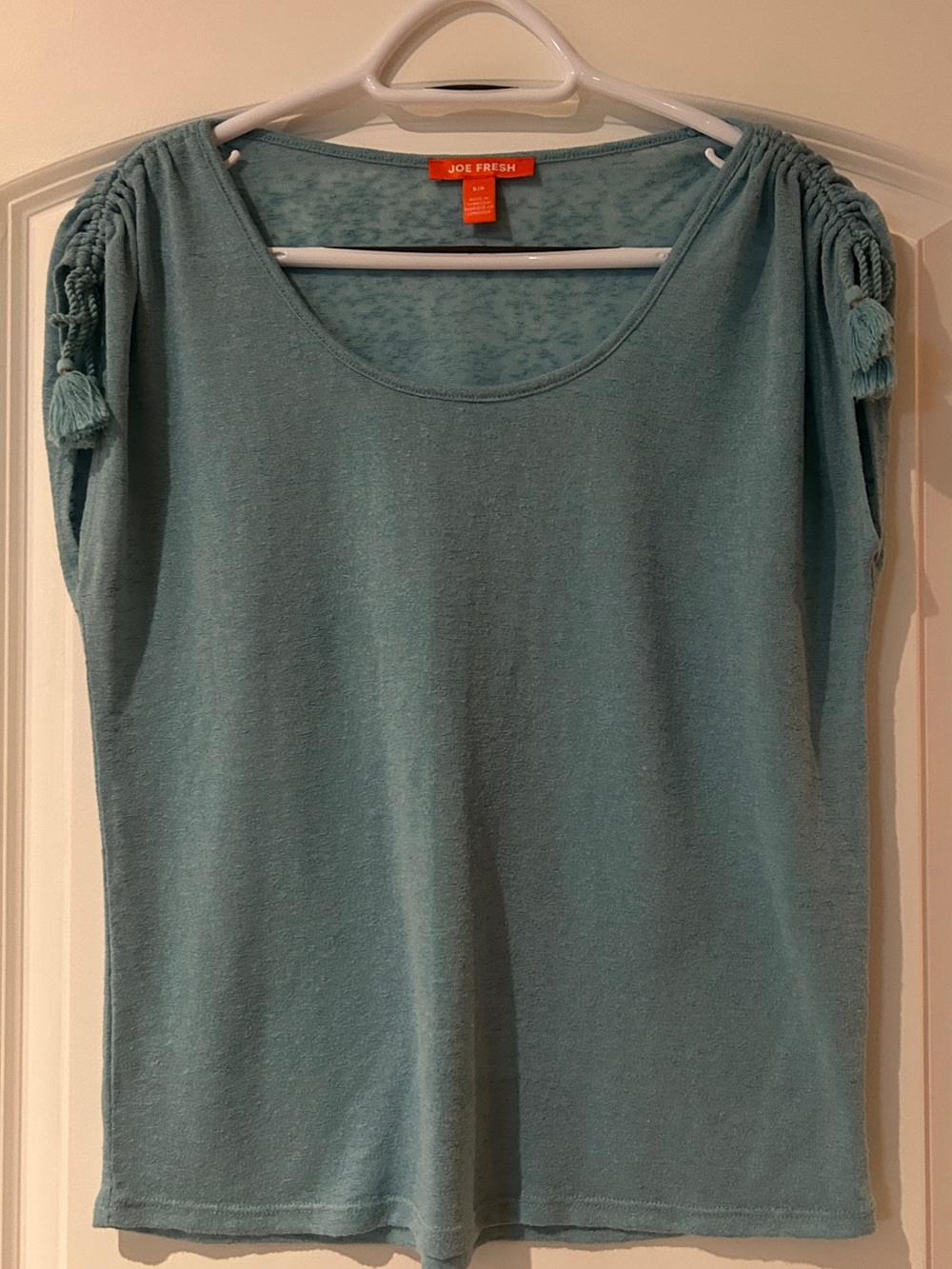 Joe Fresh Teal Short-Sleeve Knit Top with Tassel Shoulders